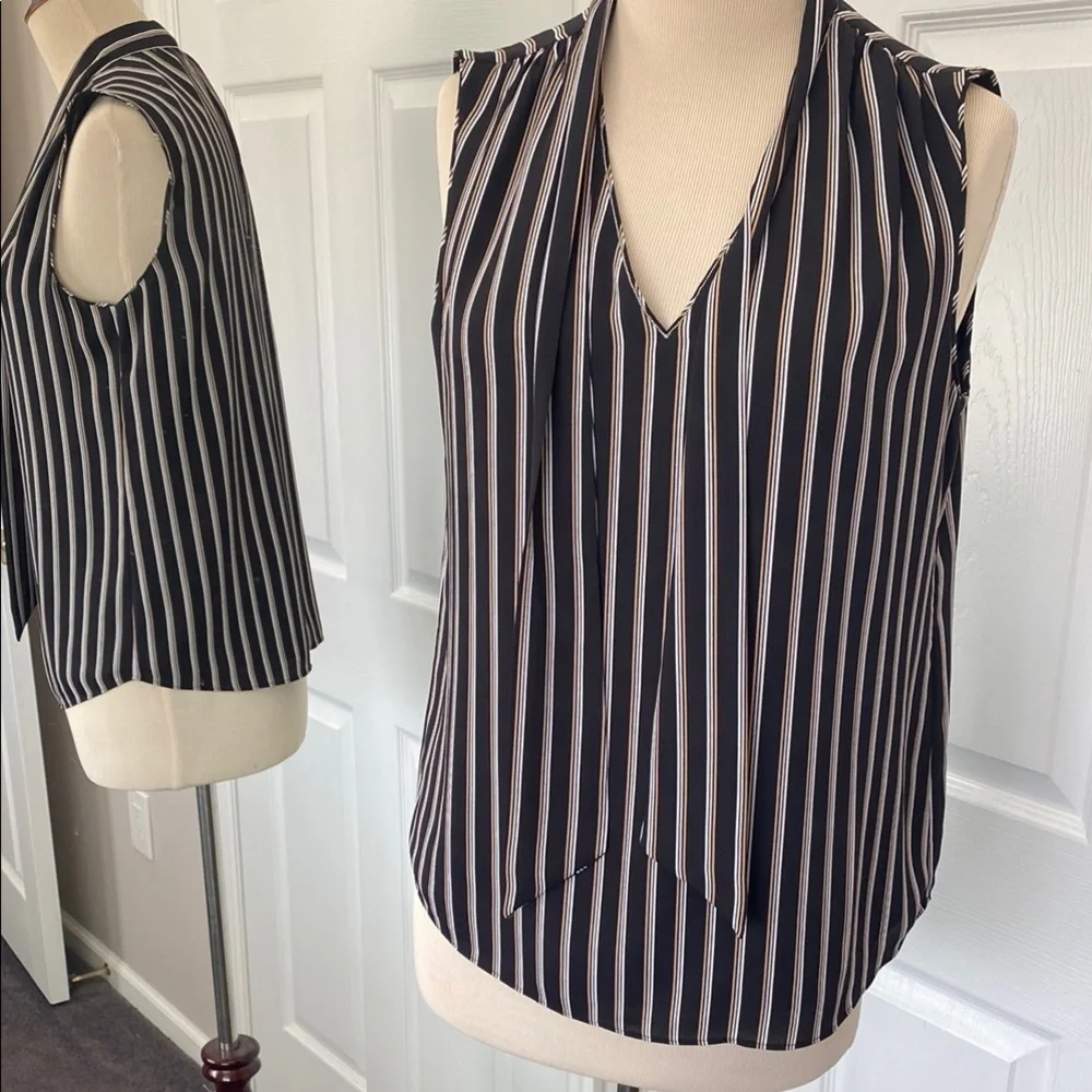 White House Black Market Striped Top Sz 4 Ball-Chain Tie-Neck Stripe Shell - Picture 6 of 9